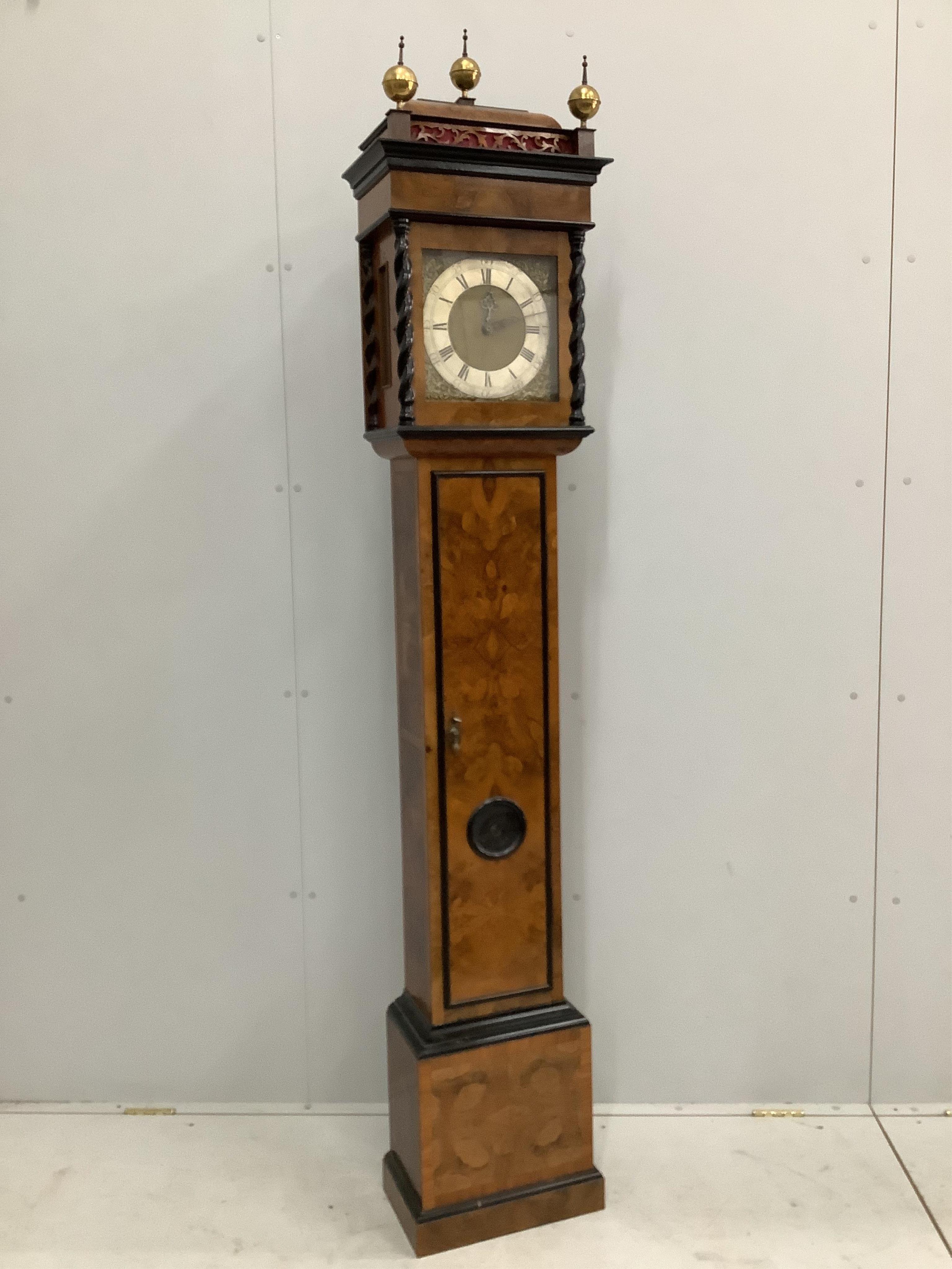 An 18th century style burr walnut thirty hour longcase clock, marked Kenfield, Winchester, height 203cm